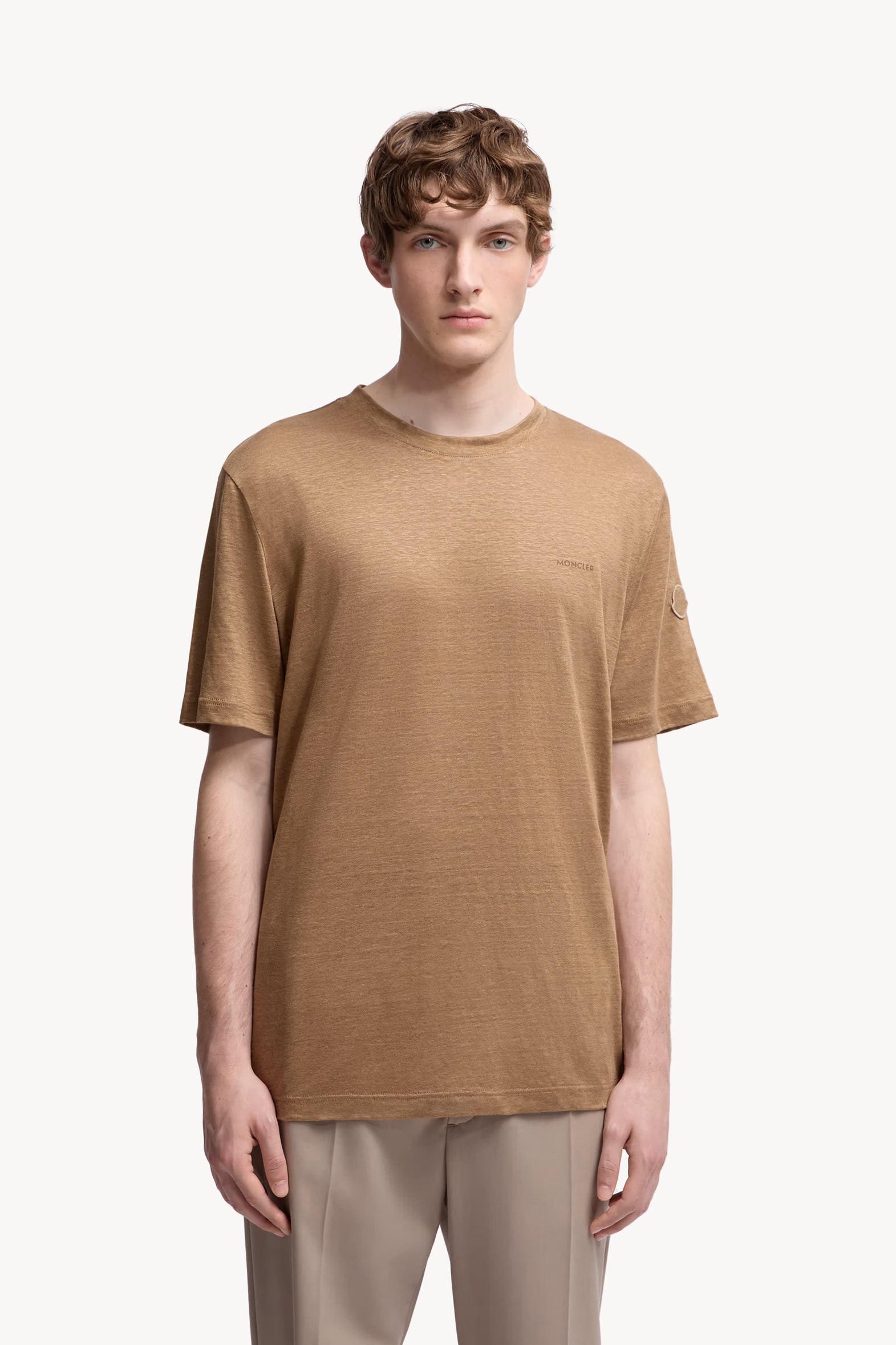 Logo Linen T-Shirt Men Ochre Yellow Moncler 3